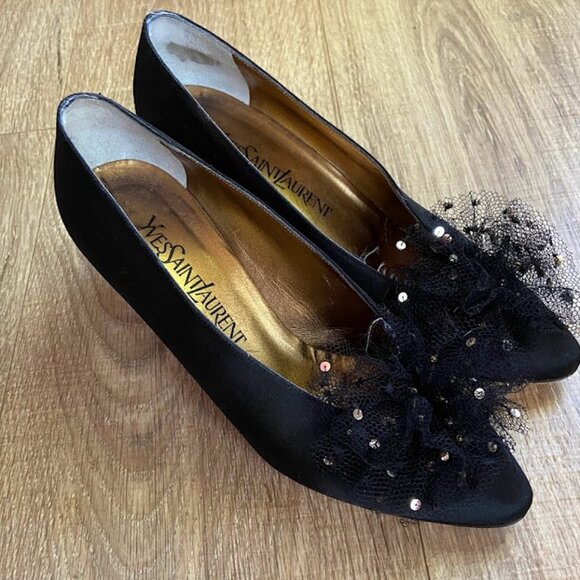 Yves Saint Laurent YSL VINTAGE 80's Size 6 1/2 Black Heels Tulle Sequin Pom RARE - Picture 12 of 12
